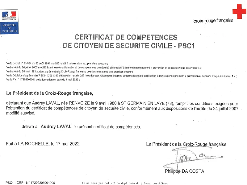 Diplome Psc1 Audrey Laval 800x600