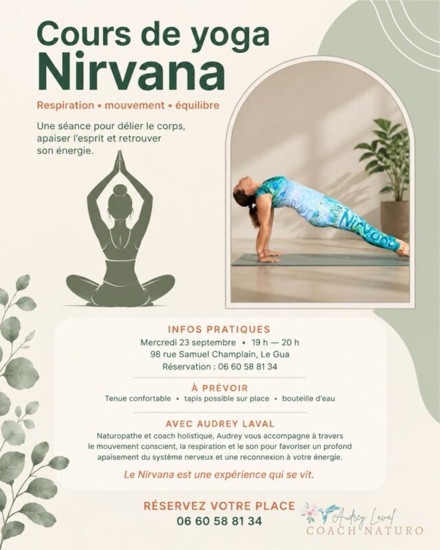 Je suis ravie de vous retrouver ce mercredi 23 septembre pour vous initier au Yoga Nirvana de 19hr à 20hr au @nehocentre
 
Un moment où l’on met son corps en mouvement avec fluidité pour apporter de la tonicité tout en associant le corps et l’esprit

Le yoga Nirvana est plus qu’une activité physique, c’est une discipline qui se vit et qui apporte une detoxification par la respiration consciente 

Alors réserve vite et viens découvrir ce que le Yoga Nirvana peut t’apporter dans ton quotidien 

Audrey 💫